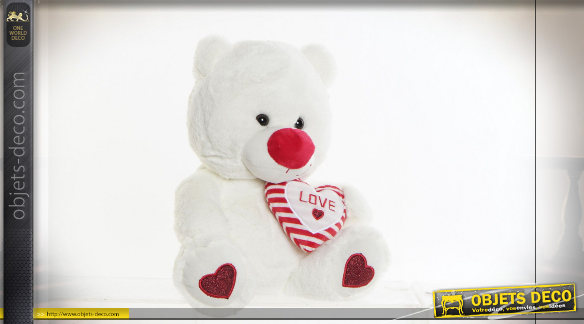 PELUCHE POLYESTER 20X20X31 COEUR OURS BLANC