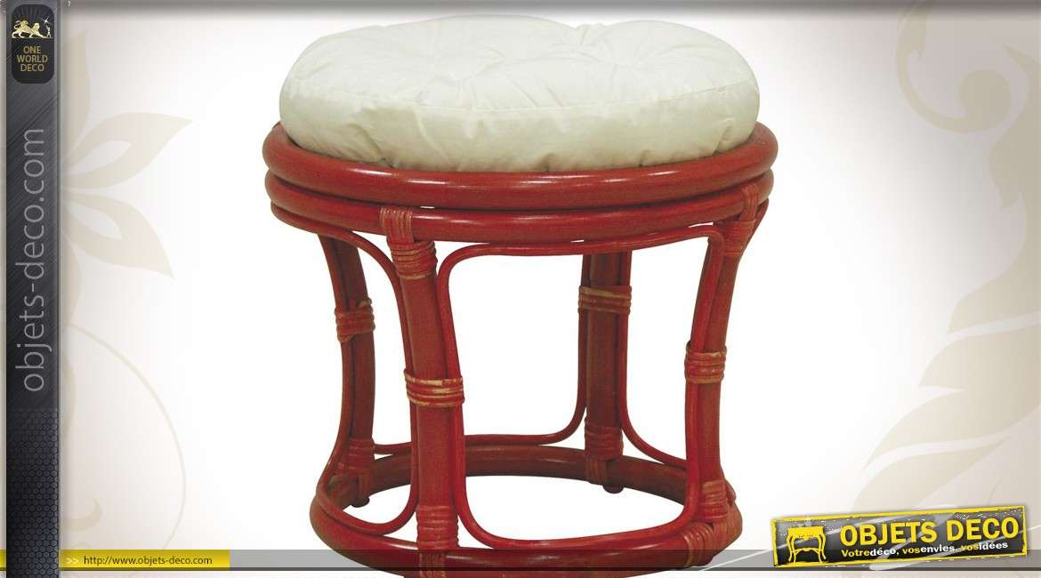 Tabouret en rotin de Java coloris rouge avec coussin blanc coton
