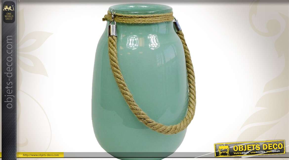 Vase en verre teinté turquoise opaque avec cordage