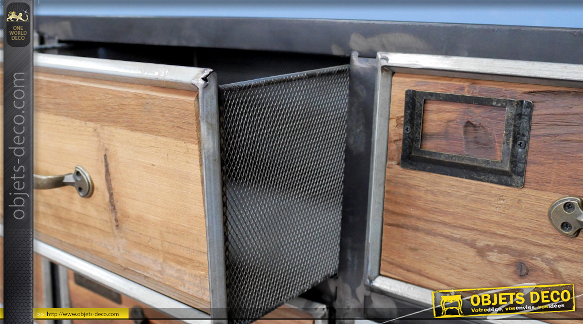 Console à tiroirs en bois de sapin recyclé et métal finition charbon, ambiance récup, 115cm