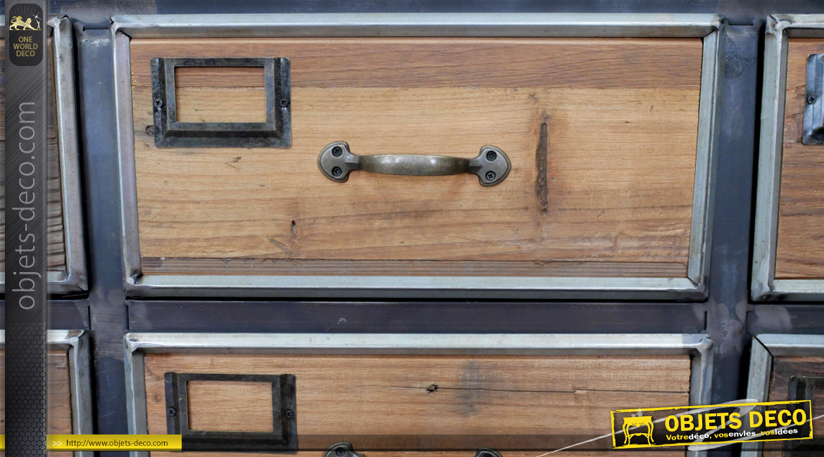 Console à tiroirs en bois de sapin recyclé et métal finition charbon, ambiance récup, 115cm