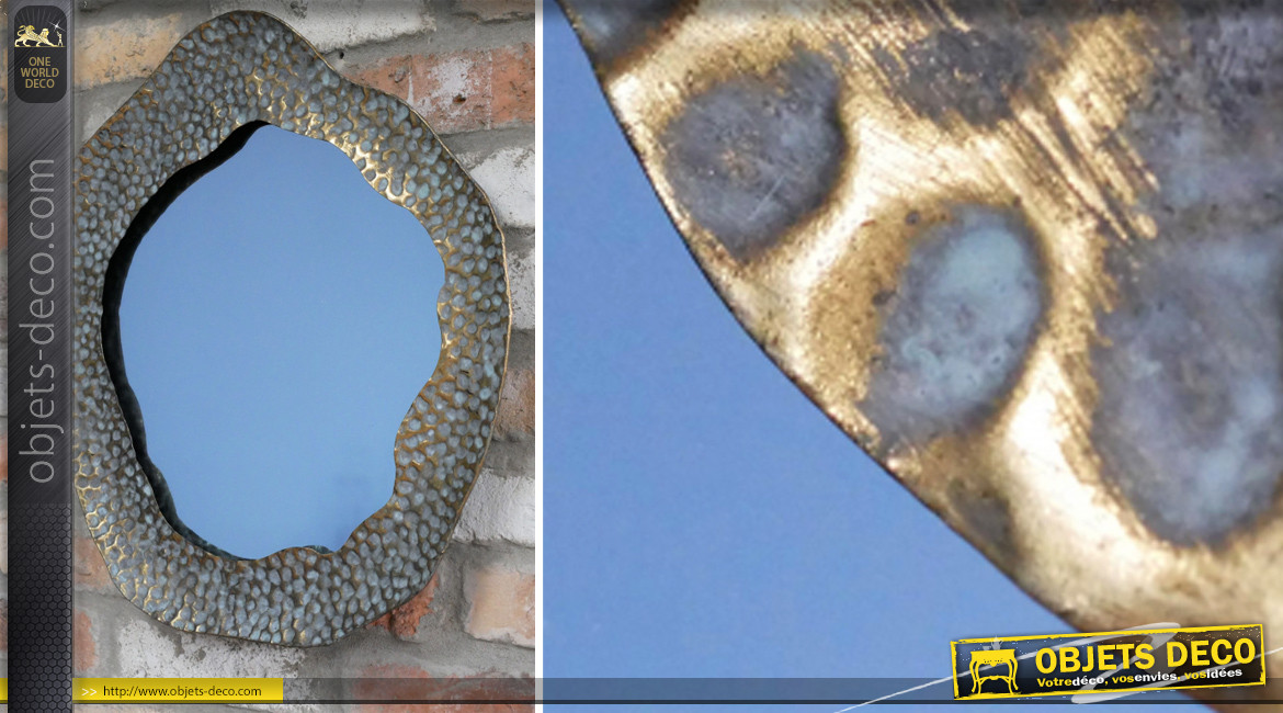 Miroir circulaire mural avec encadrement en métal, finition doré ancien effet vieilli, Ø50cm
