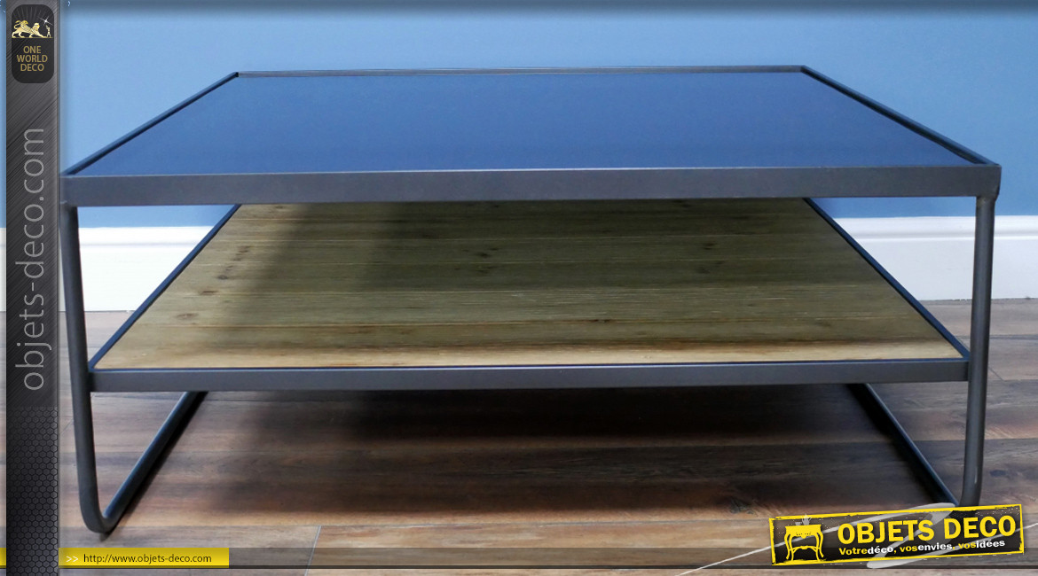 Table basse moderne en métal anthracite, plateau en bois de sapin brut et verre épais, carré de 80cm