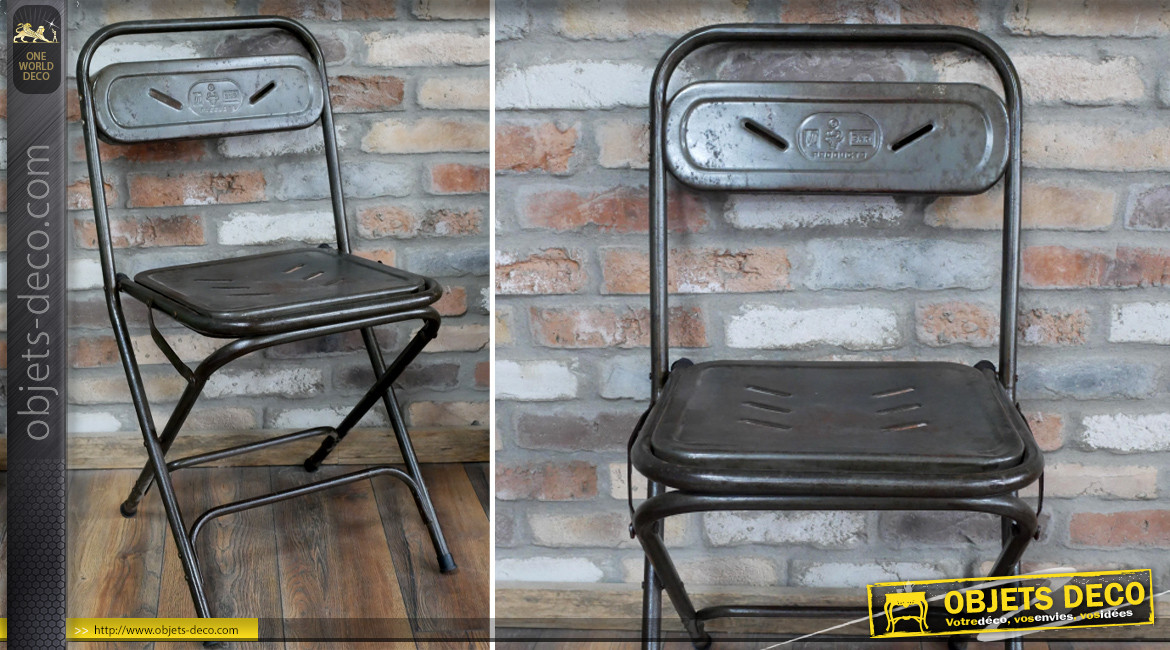 Chaise de récup industrielle en métal finition vieillie authentique, pliable, 84cm