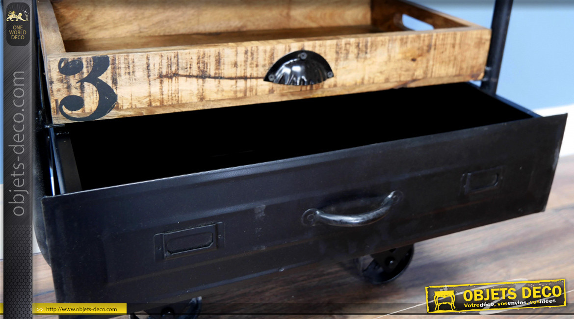 Chariot de bar style industriel en bois de manguier vieilli et métal finition charbon noir, 90cm