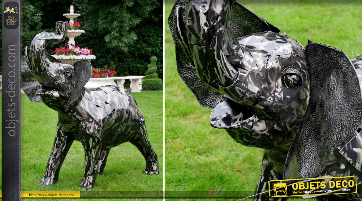 Sculpture en métal d'un éléphant, finition charbon et argenté brillant, 125cm d'envergure
