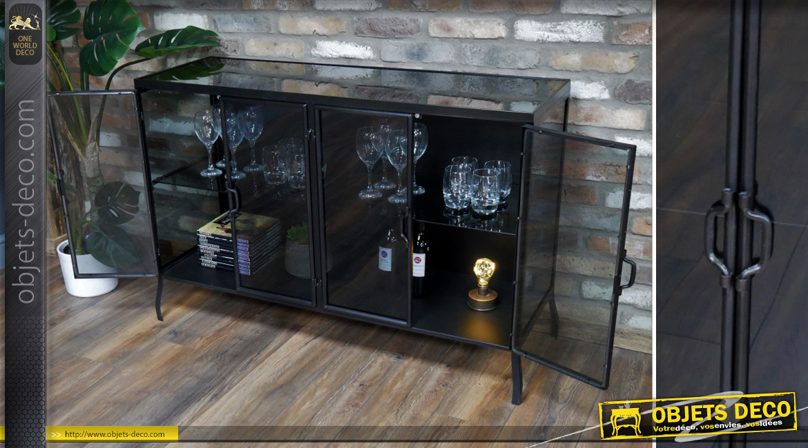 Buffet de style moderne en métal et verre finition noir, ambiance chic, 4 portes, 120cm