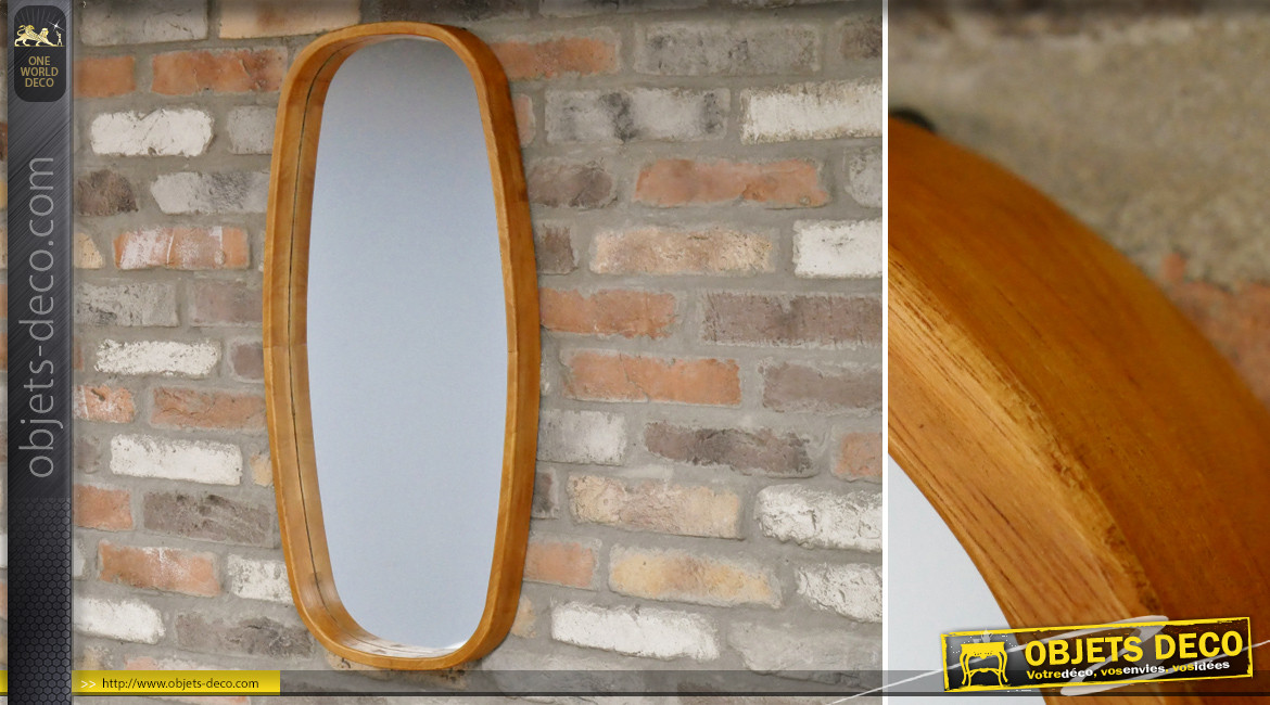 Miroir rustico moderne avec encadrement en bois d'hévéa, forme ovale, 80cm