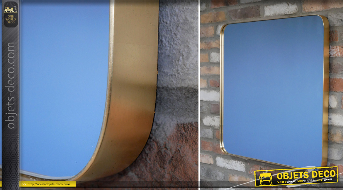 Miroir carré avec encadrement en métal finition laiton effet ancien, ambiance linéaire épurée, 70cm
