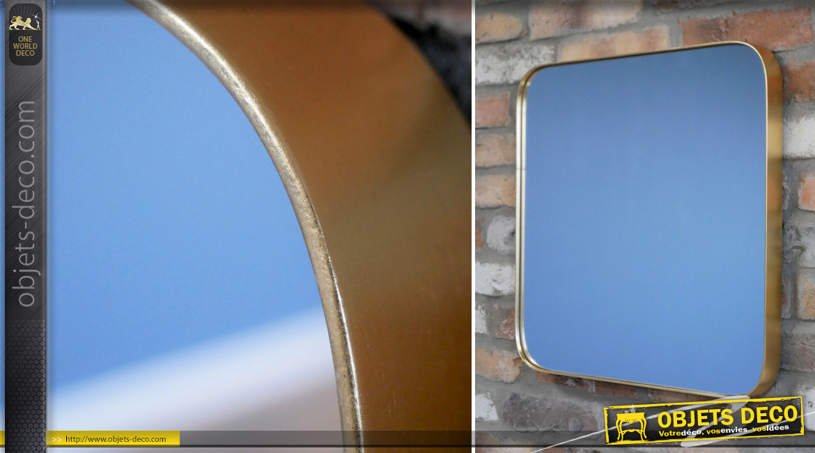 Miroir de forme carrée avec encadrement en métal effet laiton ancien, ambiance linéaire moderne, 50x50cm