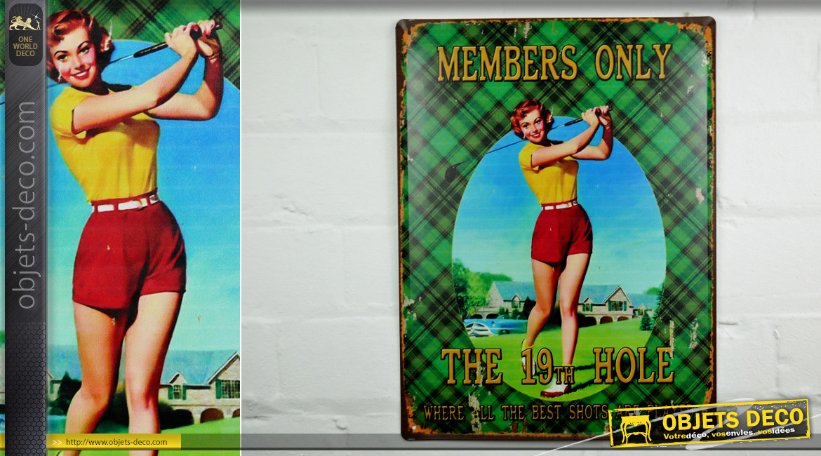 Plaque murale en métal, style vintage rétro country-club avec joueuse de golf, 40cm
