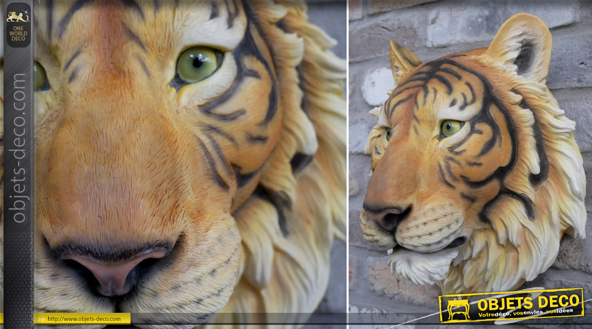 Tête de tigre murale en résine esprit trophée, effet réaliste coloré et vif, ambiance safari sauvage, Ø36cm