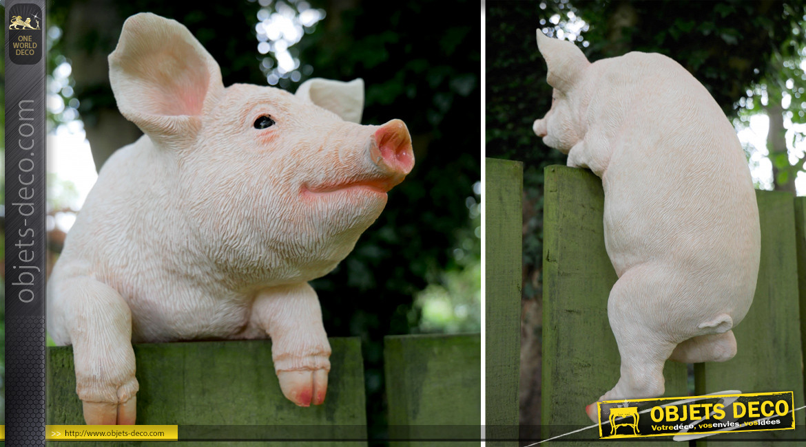 Sculpture en résine d'un cochon à installer sur une barrière, finitions réalistes et sourire aux lèvres, 36cm
