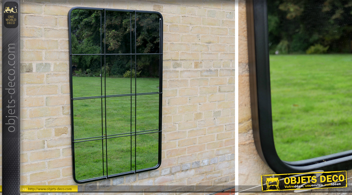 Grand miroir rectangulaire en métal finition noir charbon, style fenêtre 12 carreaux, 125cm