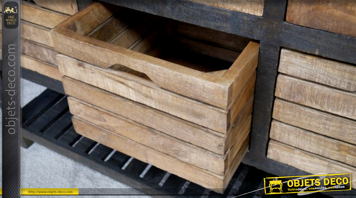 Meuble console en bois de manguier massif et plateau en métal, finition charbon usé et naturel, tiroirs et compartiments