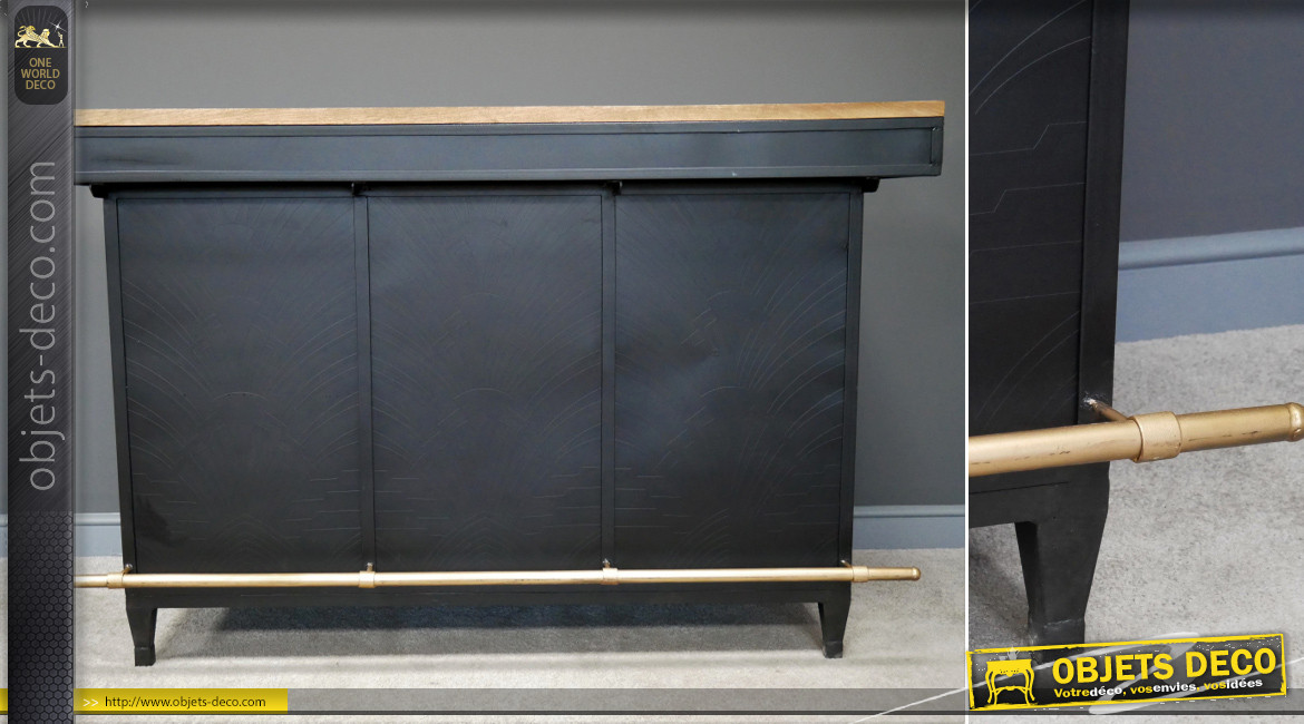 Grand meuble bar en métal finition noire et plateau en bois massif de manguier, porte et tiroirs de rangement, 162cm