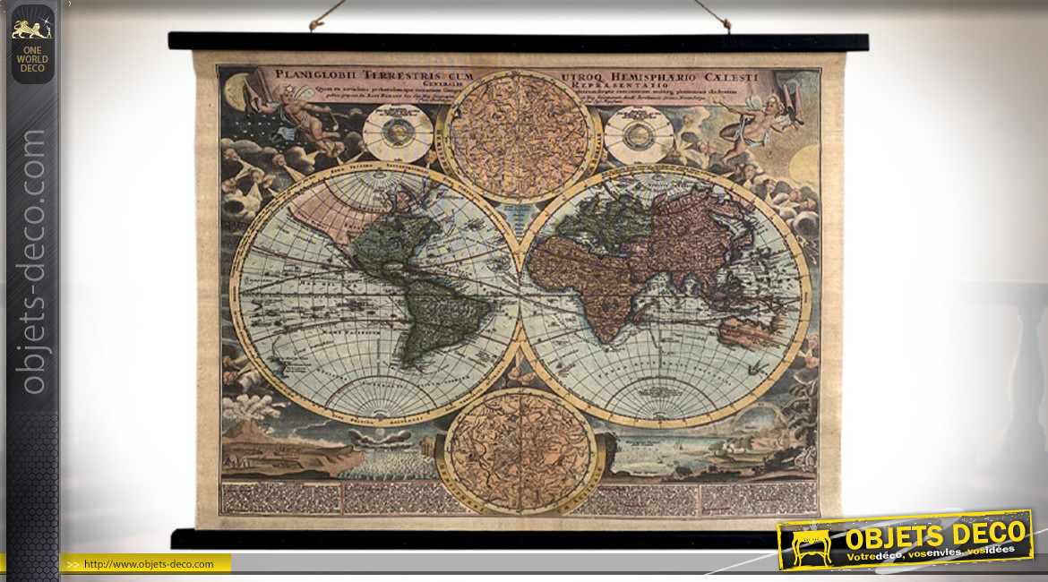 Grande toile à suspendre avec motif d'ancien planisphère, ambiance vieilles cartes marines, 100cm