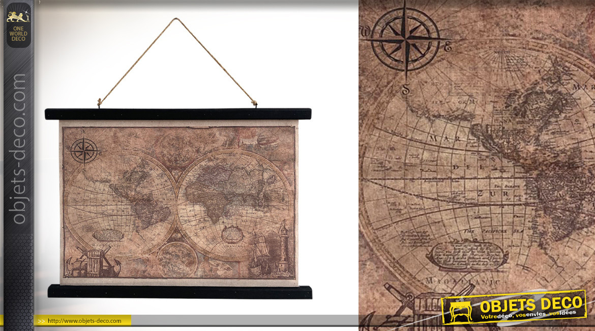 Carte du monde à dérouler et suspendre, en toile et bois, ambiance vintage, 60cm