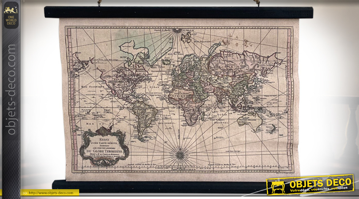 Planisphère sur toile à suspendre, ambiance vieille carte marine, finitions usées, 60cm