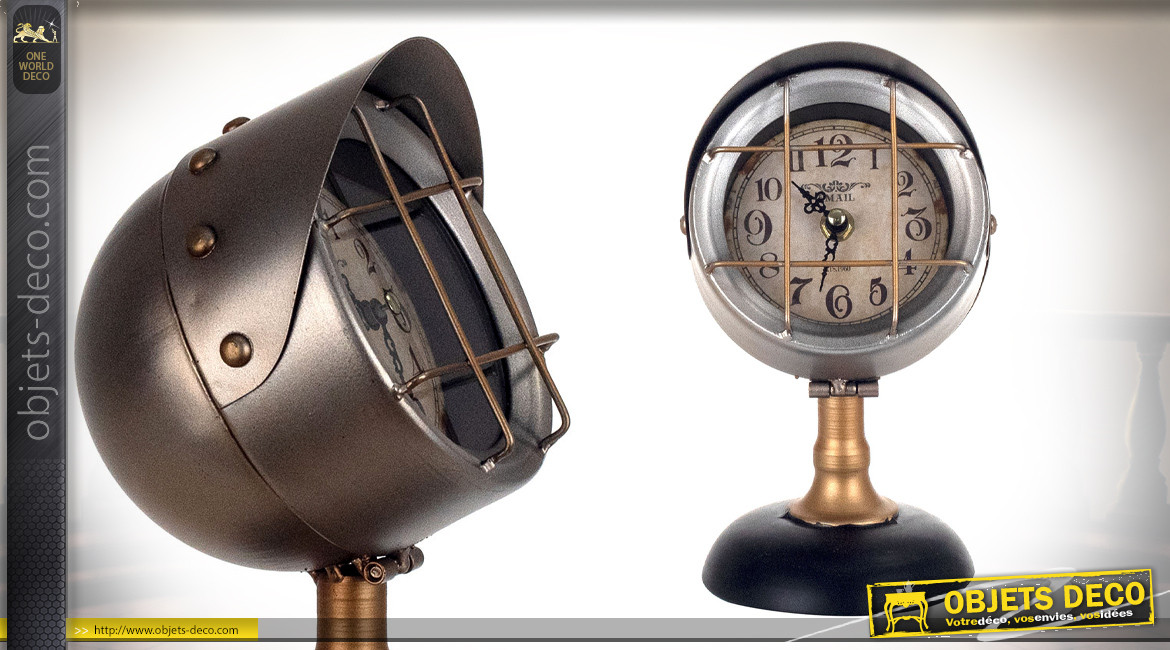 Horloge à poser en forme d'ancien projecteur de bateau, en métal anthracite et verre, ambiance vintage, 22cm
