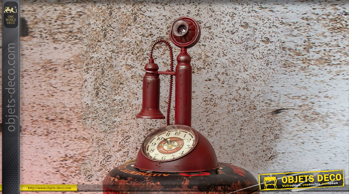 Horloge déco vintage en forme d'ancien téléphone des années 30, en métal finition rouge vieilli, 28cm
