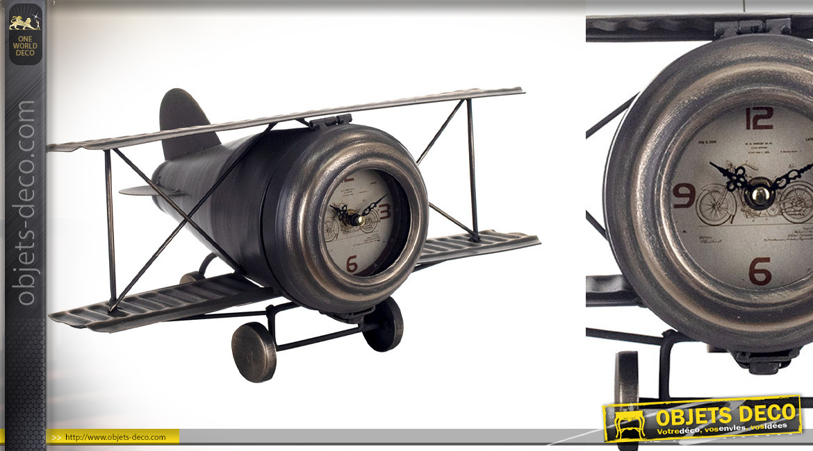 Avion biplan en métal avec cadran d'horloge à la place du moteur, finition anthracite patiné doré, 38cm