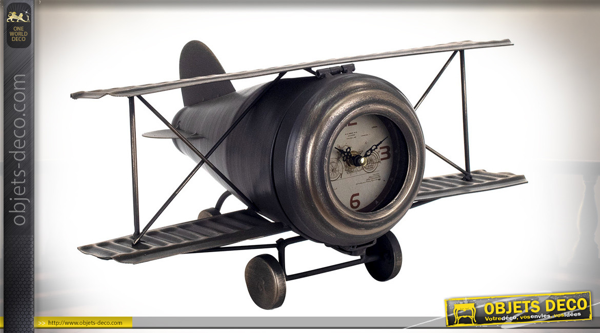 Avion biplan en métal avec cadran d'horloge à la place du moteur, finition anthracite patiné doré, 38cm