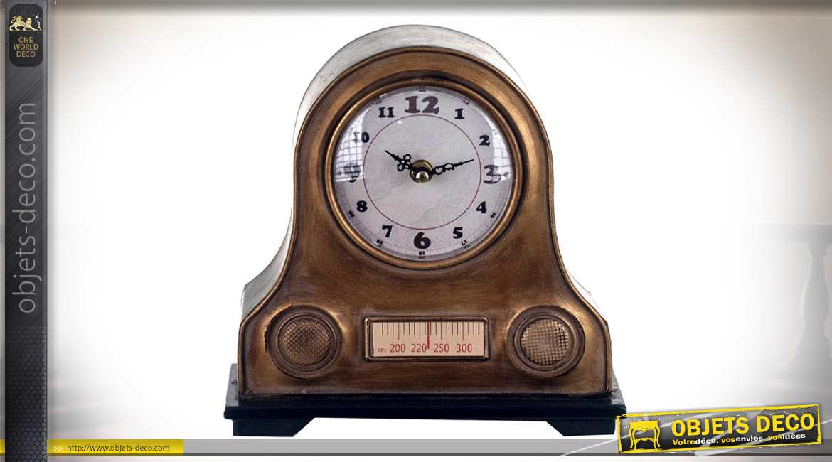 Vieille radio en métal version horloge à poser, finition cuivré ancien effet usé, 22cm