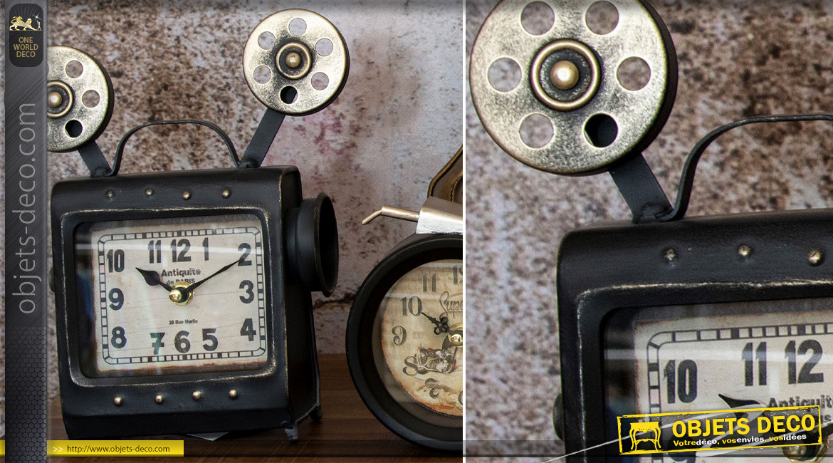 Caméra horloge en métal finition noir vieilli, ambiance vieux cinéma des années 30, 22cm