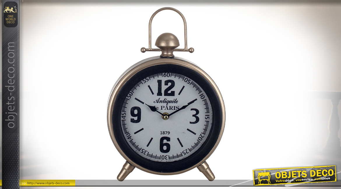 Horloge à poser en forme d'ancien réveil, en métal et verre finition bronze, ambiance vintage, 31cm