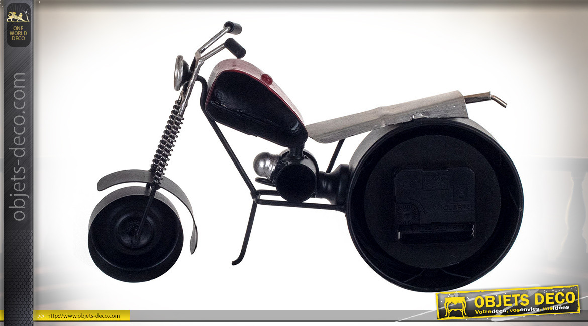 Replique d'une moto en métal avec cadran d'horloge dans la roue arrière, couleurs usées, 29cm