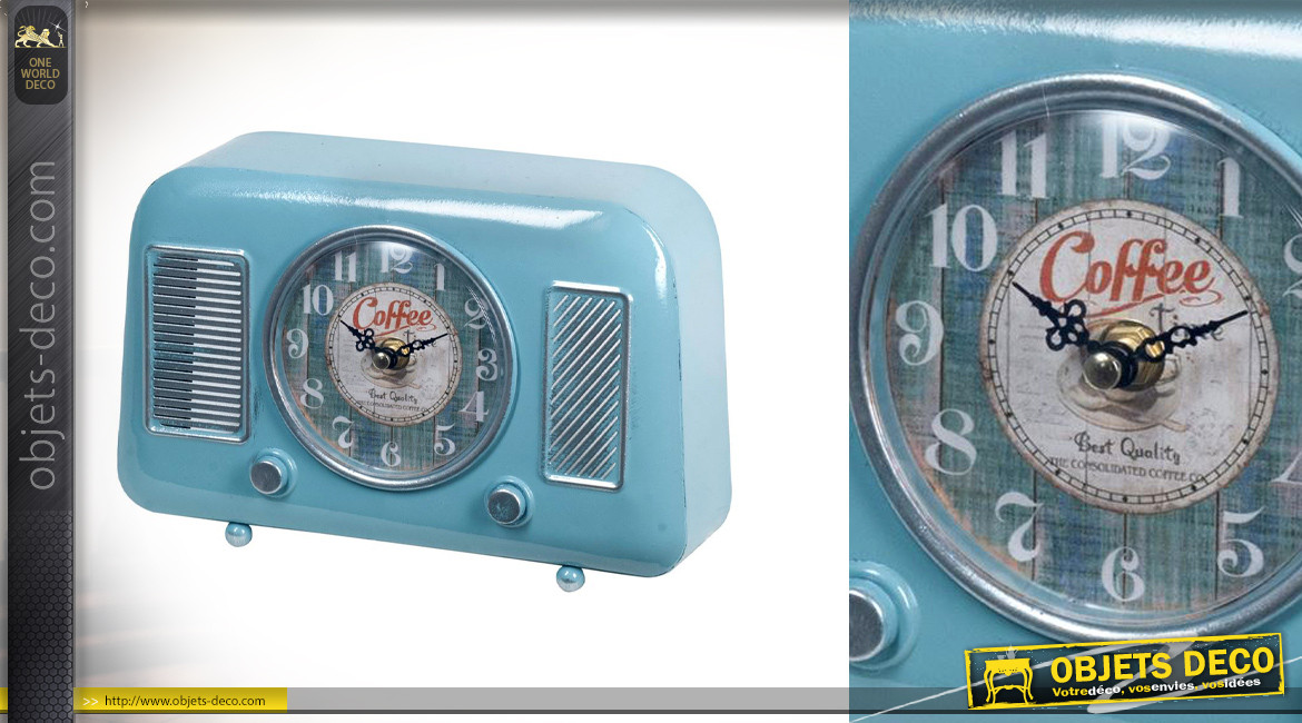 Radio bleu vintage en métal version horloge avec cadran au centre, Coffee USA, 25cm