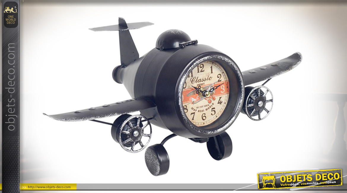 Avion en métal version horloge à poser, finition noir charbon patiné argent vieilli, 41cm