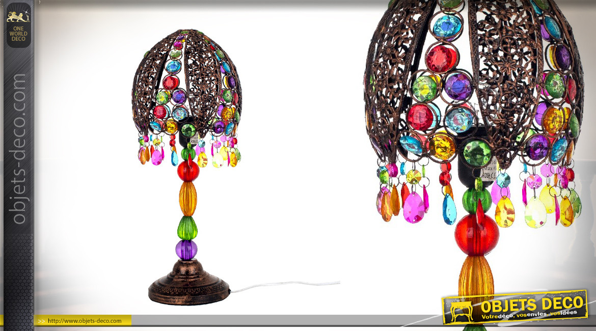 Lampe de chevet de style oriental en métal cuivré et pampilles en acrylique, ambiance colorée chic, 52cm