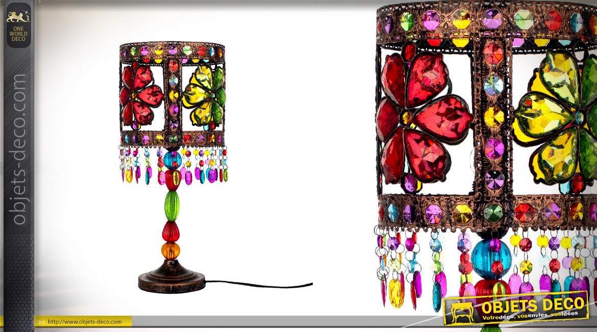 Lampe en métal de style oriental coloré avec motifs de fleurs en acrylique multicolore sur l'abat-jour, 54cm