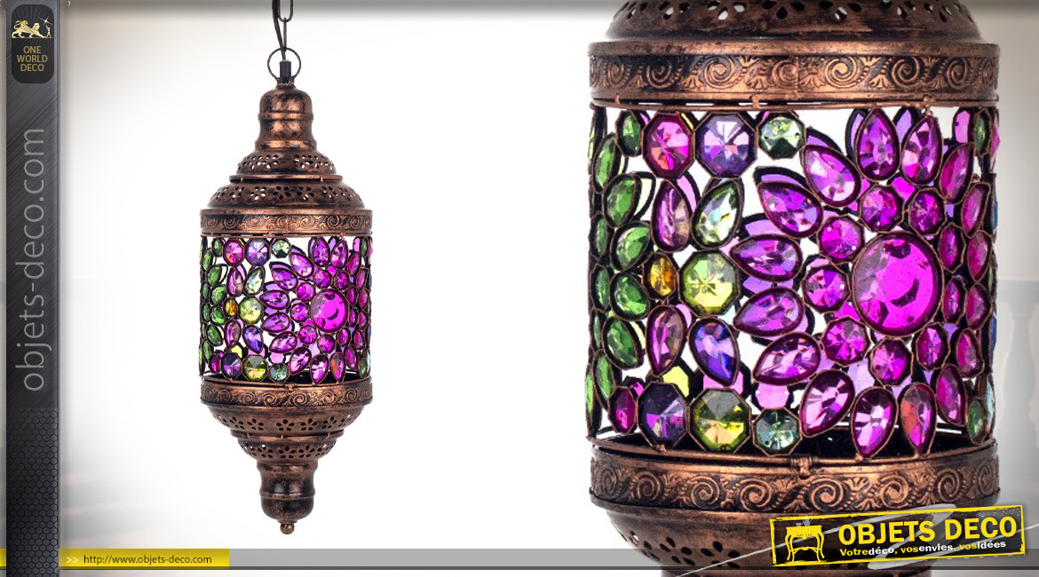 Suspension lanterne en métal finition cuivré bronze, pendeloques en acrylique multicolore, ambiance orientale, 50cm