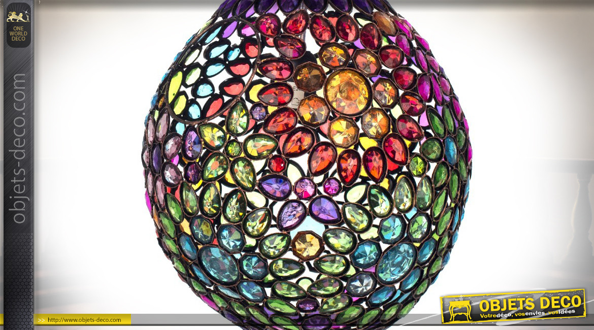 Suspension boule en métal cuivré et pendeloques en acrylique multicolore, ambiance orientale chic, Ø31cm