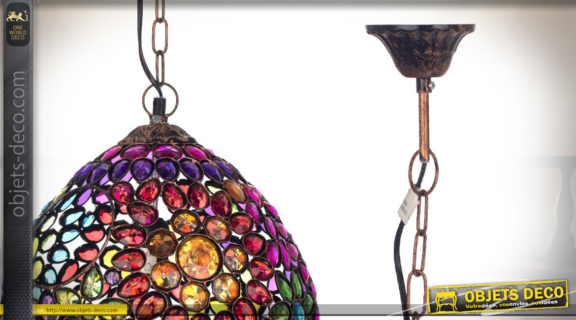 Suspension boule en métal cuivré et pendeloques en acrylique multicolore, ambiance orientale chic, Ø31cm