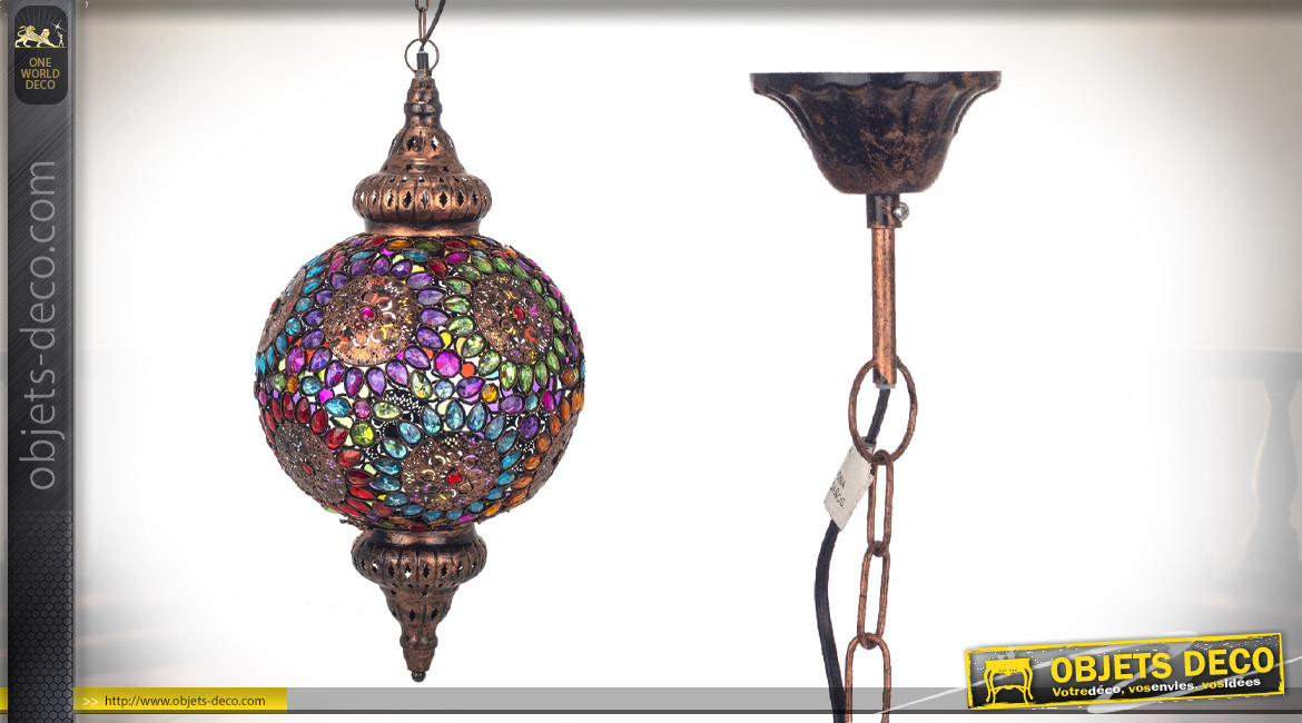 Grande lanterne électrifiée en métal finition bronze cuivré et pendeloques en acrylique multicolore, 67cm