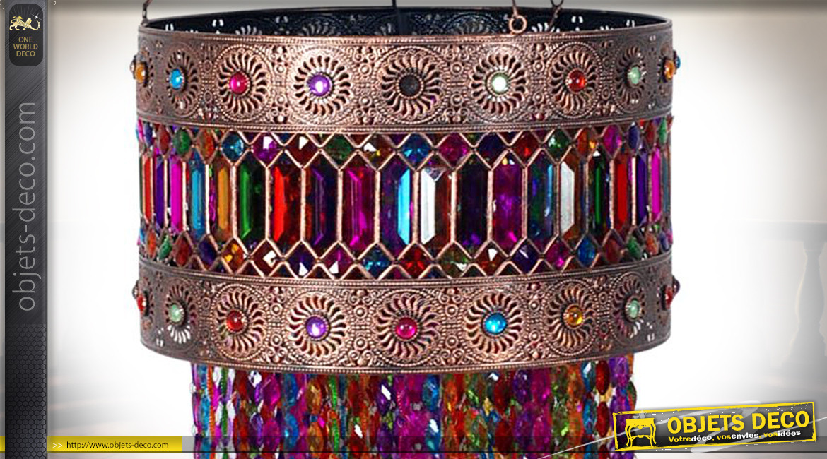 Suspension cylindrique en métal cuivré avec pampilles et pendeloques en acrylique multicolore, ambiance orientale, Ø41cm