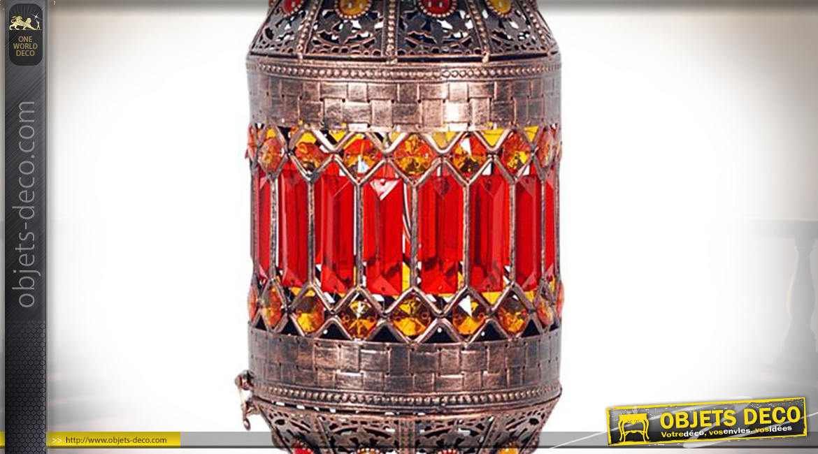 Lanterne électrifiée en métal finition cuivre bronze, pampilles et pendeloques aux couleurs chaudes, 43cm