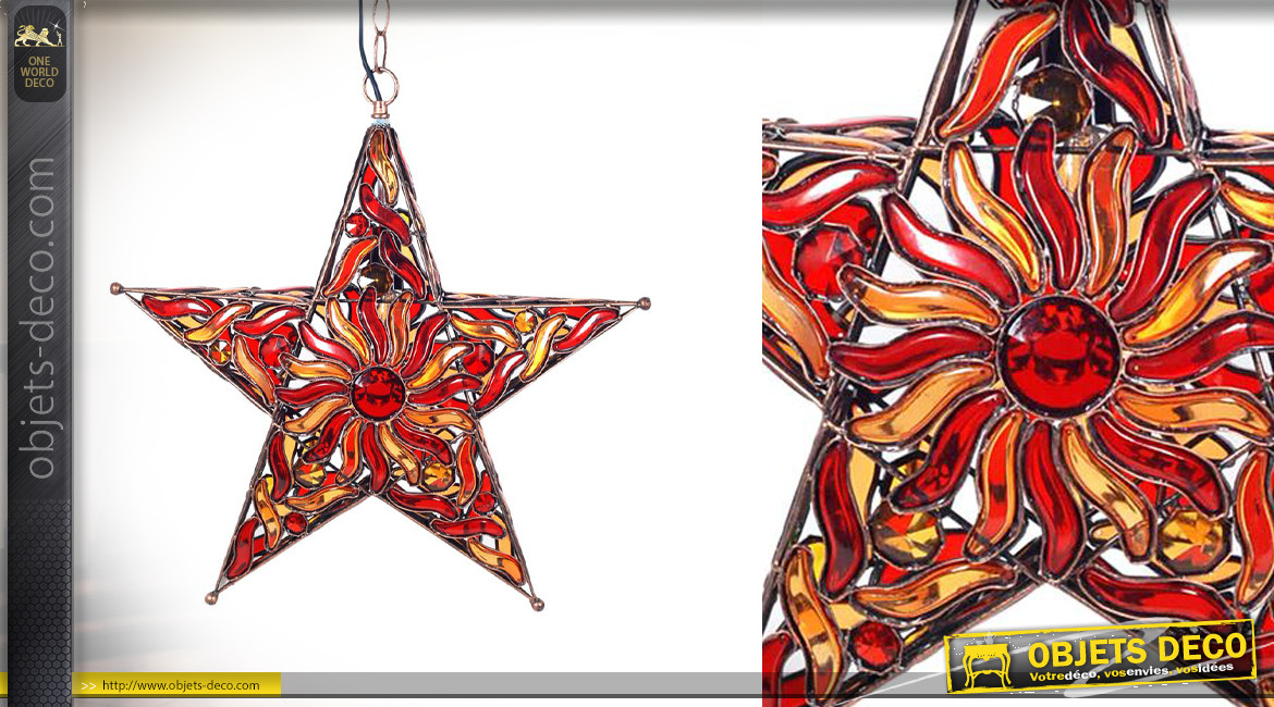Suspension en forme d'étoile colorée rouge orangée, reflets chaleureux et forme originale, 43cm