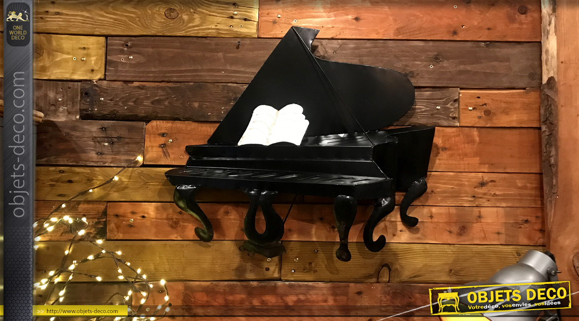 Décoration murale en forme de piano finition noir charbon, clavier miroité, ambiance classe de musique, 65cm