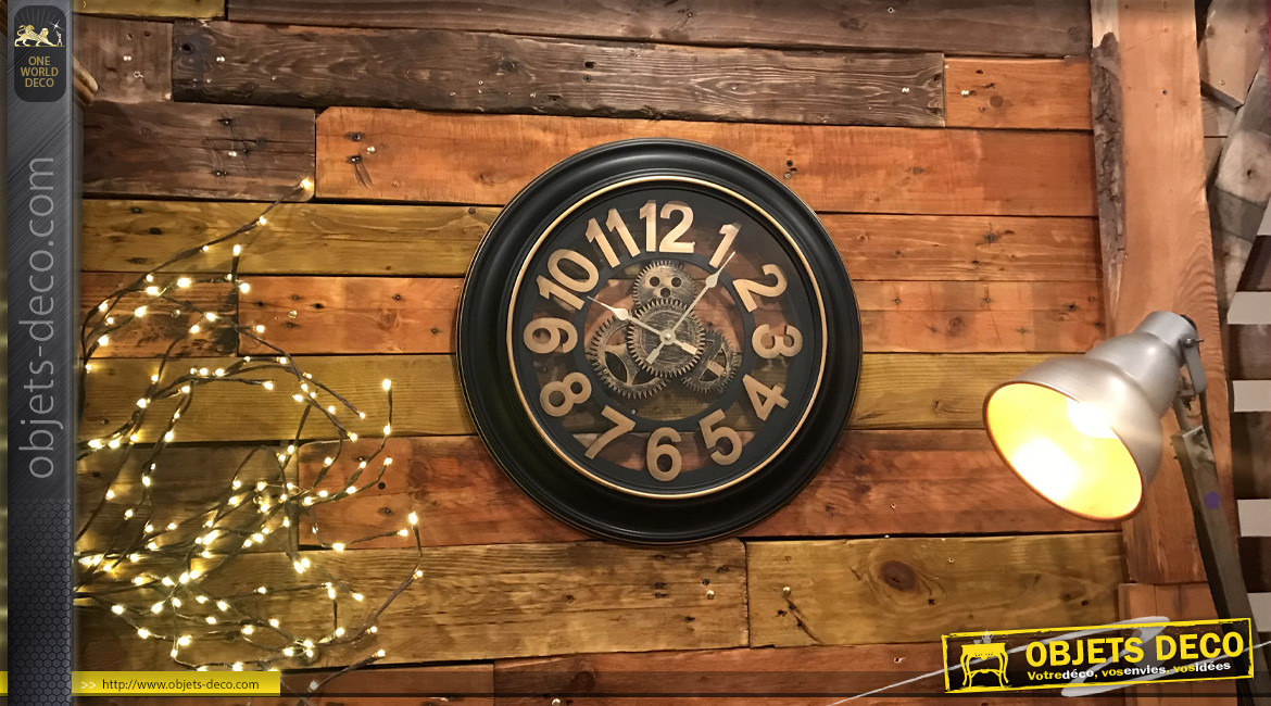 Horloge murale en PVC finition noir et engrenages dorés effet ancien, ambiance indus, Ø50cm