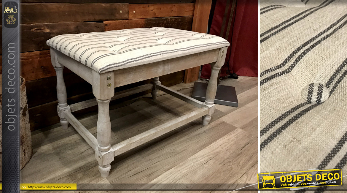 Bout de lit rectangulaire en bois finition blanchi, assise avec motifs rayés ambiance vintage, 59cm