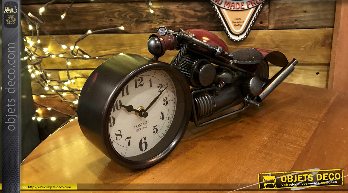 Horloge à poser en forme d'ancienne moto, ambiance vintage finition vieux rouge, 39cm