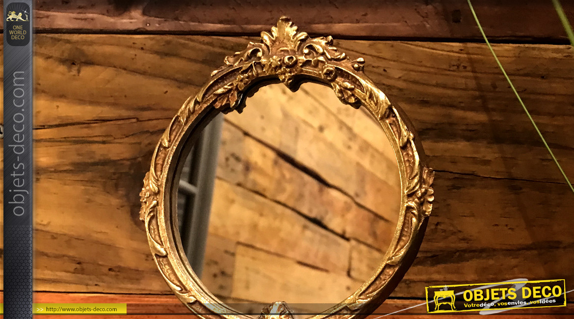 Petit miroir de table en résine finition doré ancien, ambiance boudoir baroque, 20cm