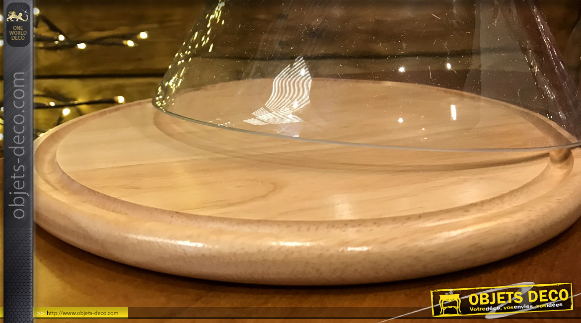 Cloche en verre et bois finition clair, en forme de cône, 28cm