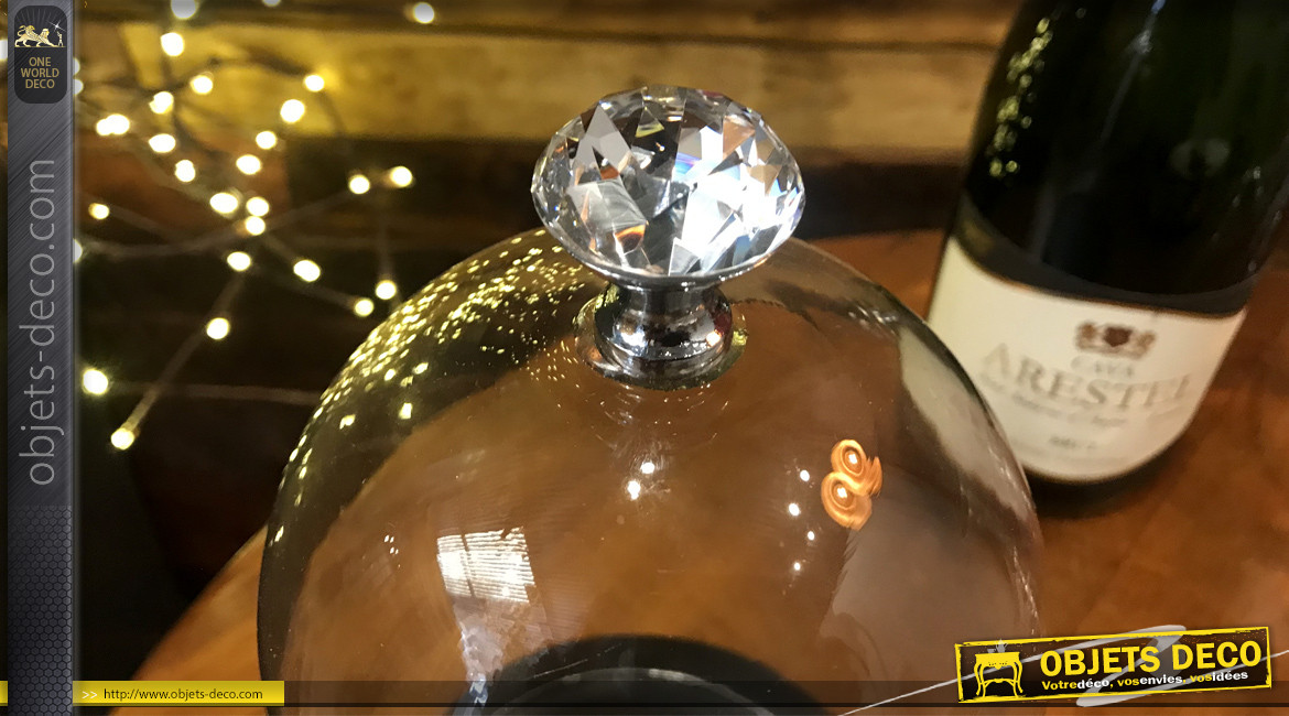 Cloche en verre de petite taille, bouton de verre facetté esprit diamant, 23cm