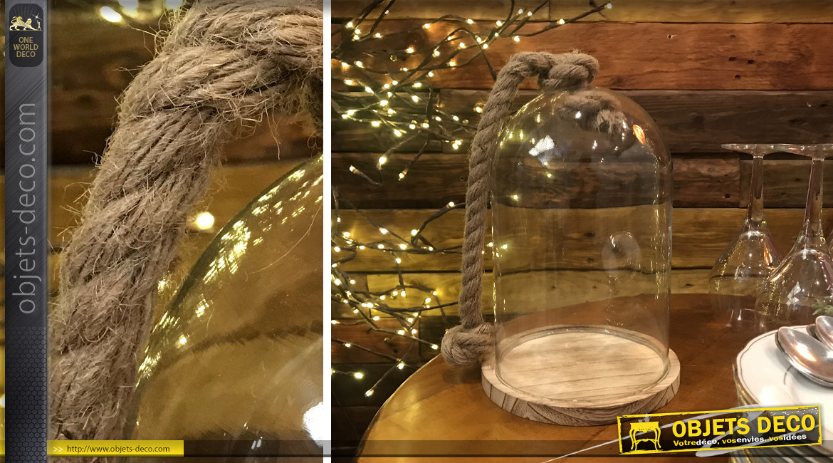 Cloche en verre avec support en bois et large corde, ambiance chic et originale, 25cm